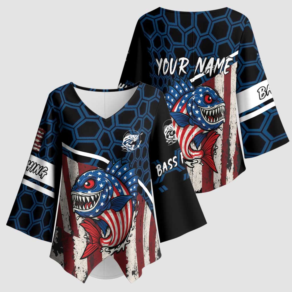 Aggressive Bass Fishing Kimono Sleeve Blouse with American Flag Pattern on Grunge Hex Background - Wonder Print Shop