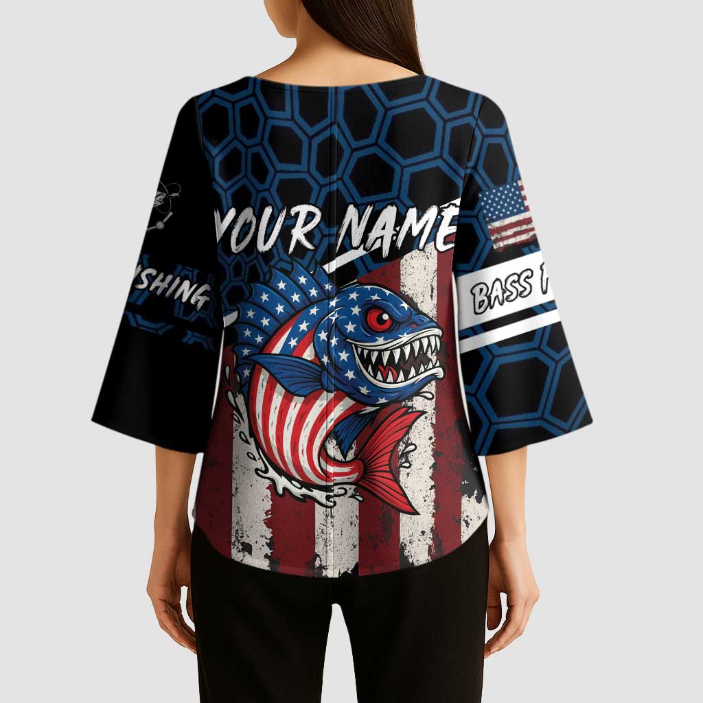 Aggressive Bass Fishing Kimono Sleeve Blouse with American Flag Pattern on Grunge Hex Background - Wonder Print Shop