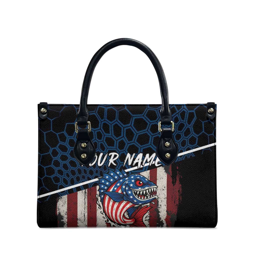 Aggressive Bass Fishing Leather Bag with American Flag Pattern on Grunge Hex Background - Wonder Print Shop