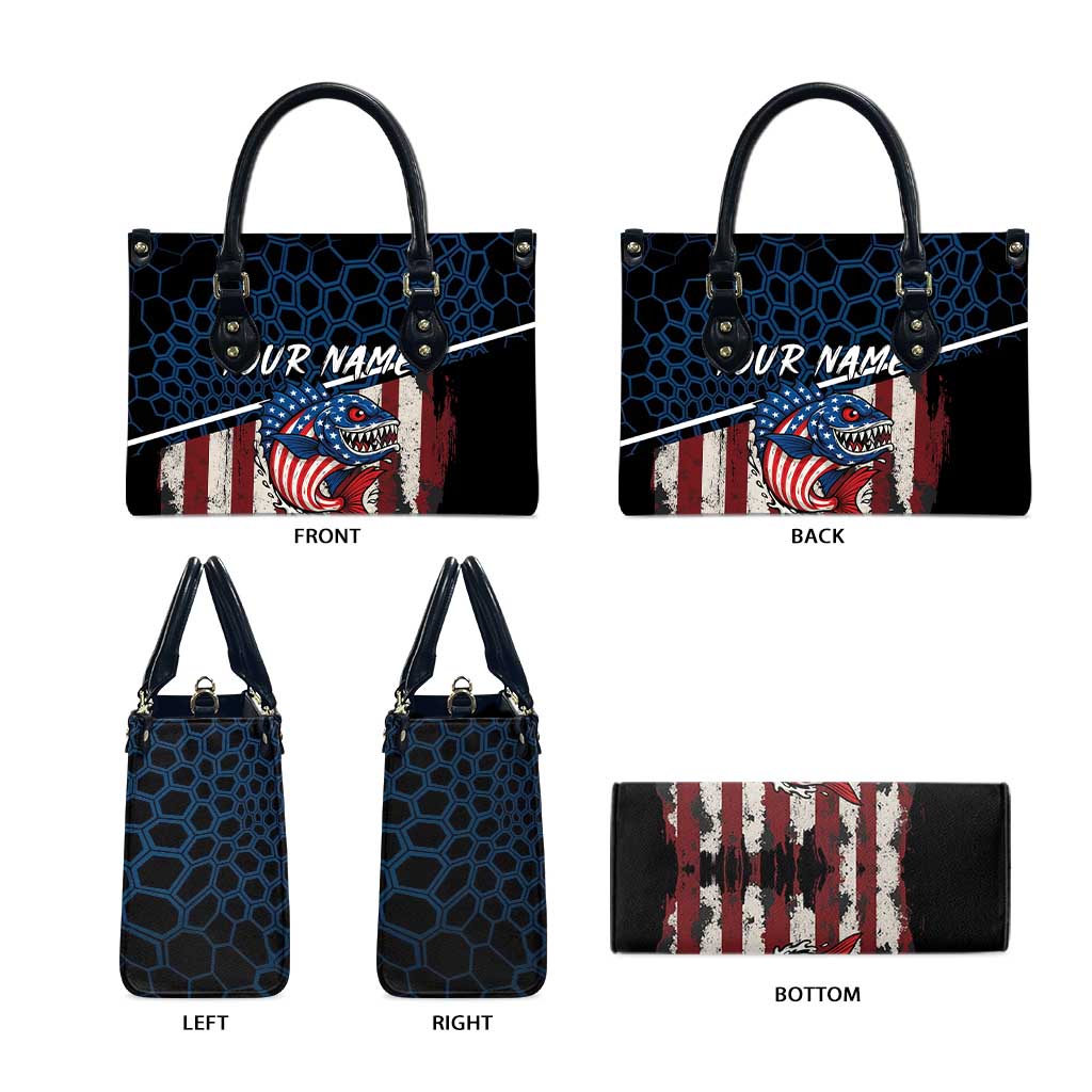 Aggressive Bass Fishing Leather Bag with American Flag Pattern on Grunge Hex Background - Wonder Print Shop
