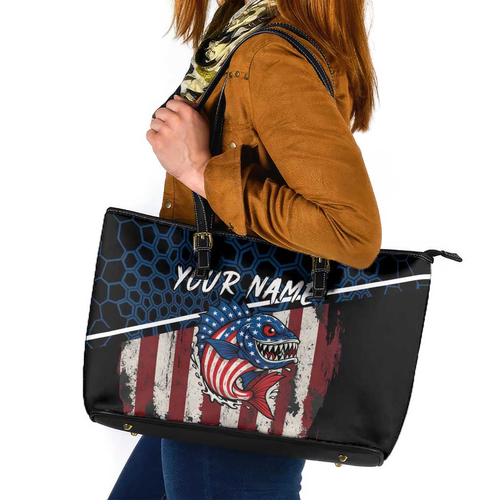 Aggressive Bass Fishing Leather Tote Bag with American Flag Pattern on Grunge Hex Background - Wonder Print Shop