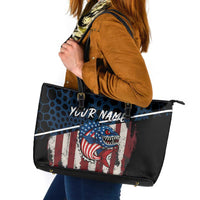 Aggressive Bass Fishing Leather Tote Bag with American Flag Pattern on Grunge Hex Background - Wonder Print Shop