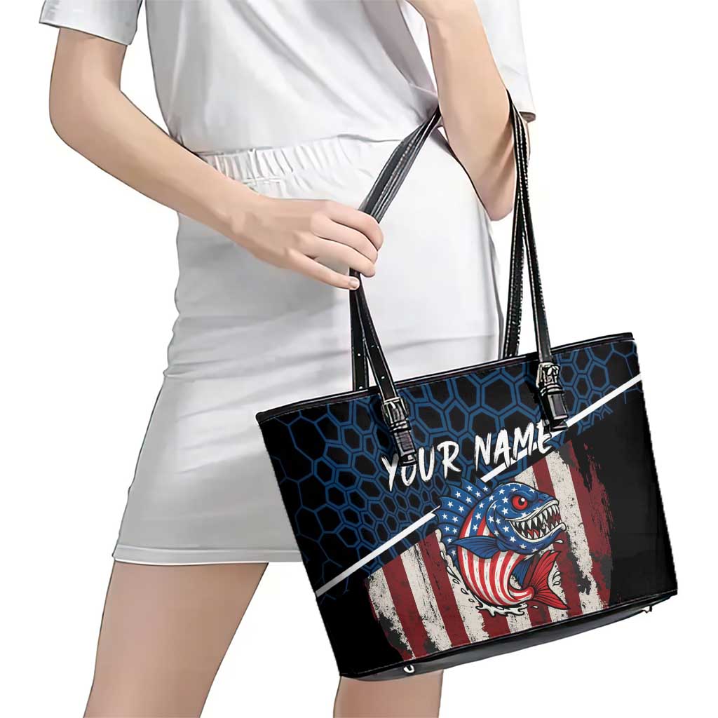 Aggressive Bass Fishing Leather Tote Bag with American Flag Pattern on Grunge Hex Background - Wonder Print Shop