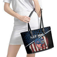 Aggressive Bass Fishing Leather Tote Bag with American Flag Pattern on Grunge Hex Background - Wonder Print Shop