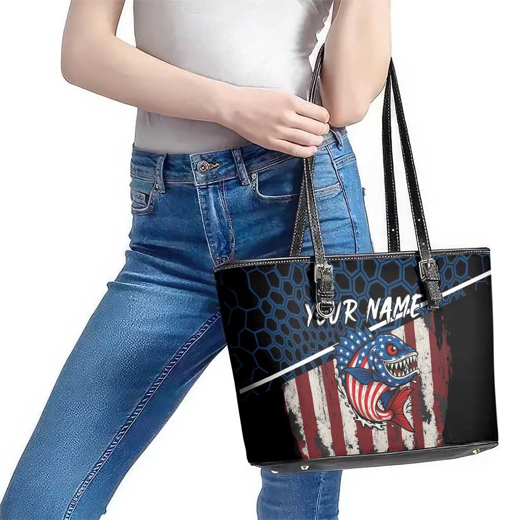 Aggressive Bass Fishing Leather Tote Bag with American Flag Pattern on Grunge Hex Background - Wonder Print Shop