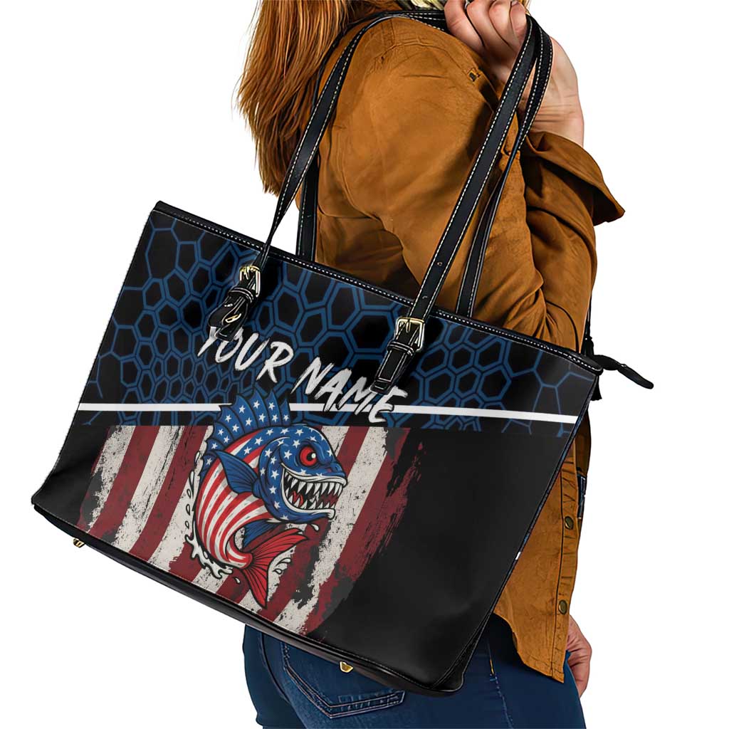 Aggressive Bass Fishing Leather Tote Bag with American Flag Pattern on Grunge Hex Background - Wonder Print Shop