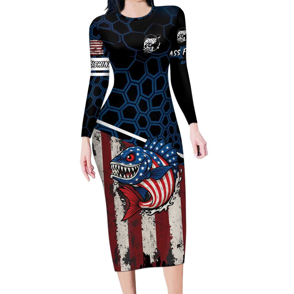 Aggressive Bass Fishing Long Sleeve Bodycon Dress with American Flag Pattern on Grunge Hex Background - Wonder Print Shop