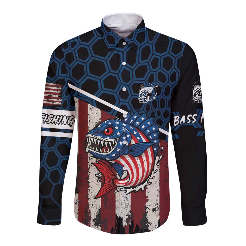 Aggressive Bass Fishing Long Sleeve Button Shirt with American Flag Pattern on Grunge Hex Background - Wonder Print Shop