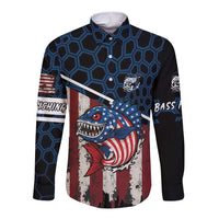 Aggressive Bass Fishing Long Sleeve Button Shirt with American Flag Pattern on Grunge Hex Background - Wonder Print Shop