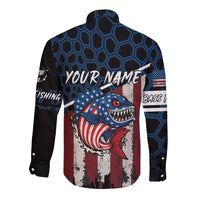 Aggressive Bass Fishing Long Sleeve Button Shirt with American Flag Pattern on Grunge Hex Background - Wonder Print Shop