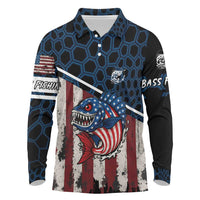 Aggressive Bass Fishing Long Sleeve Polo Shirt with American Flag Pattern on Grunge Hex Background - Wonder Print Shop