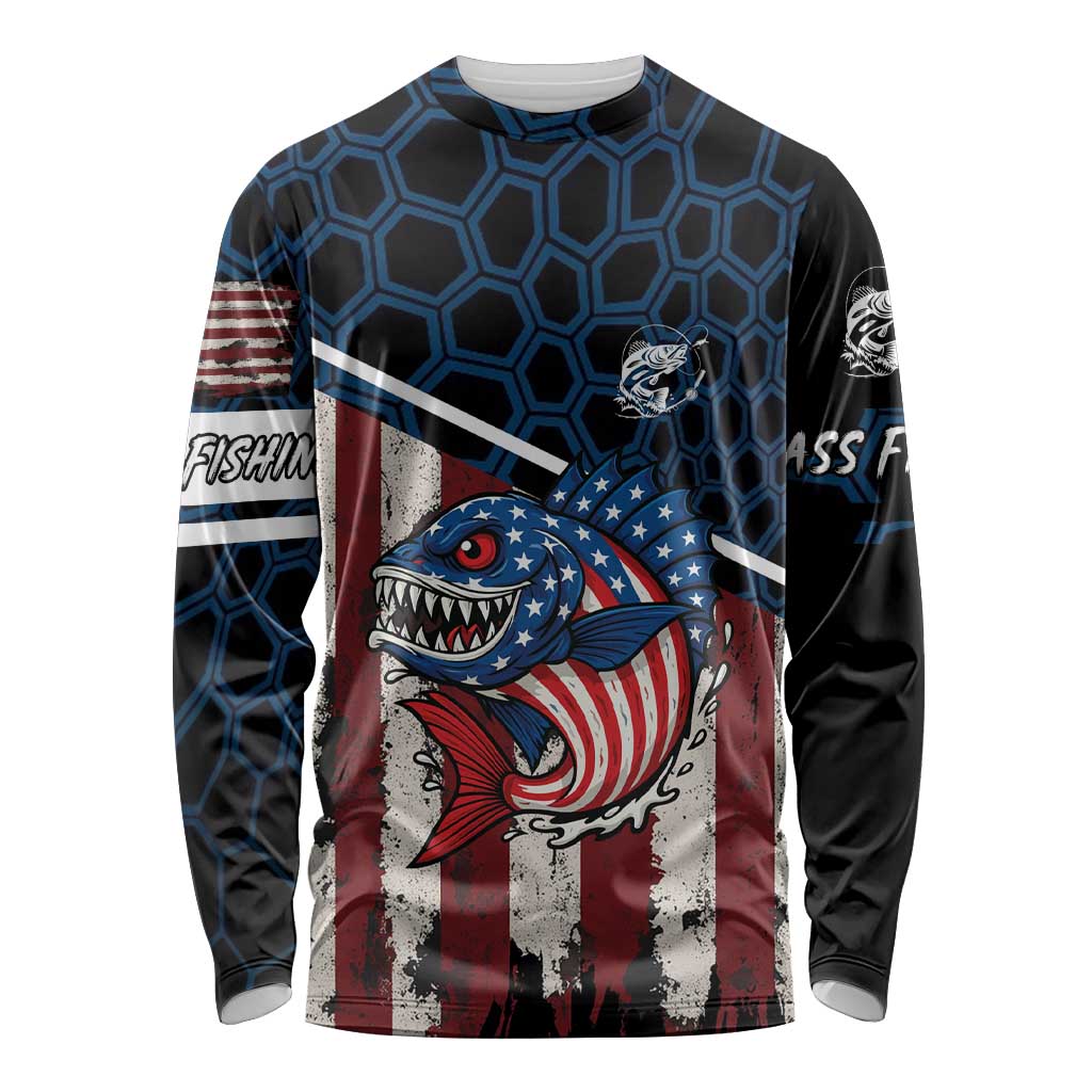 Aggressive Bass Fishing Long Sleeve Shirt with American Flag Pattern on Grunge Hex Background - Wonder Print Shop