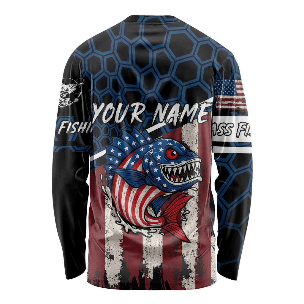 Aggressive Bass Fishing Long Sleeve Shirt with American Flag Pattern on Grunge Hex Background - Wonder Print Shop
