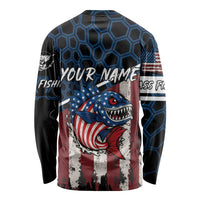 Aggressive Bass Fishing Long Sleeve Shirt with American Flag Pattern on Grunge Hex Background - Wonder Print Shop