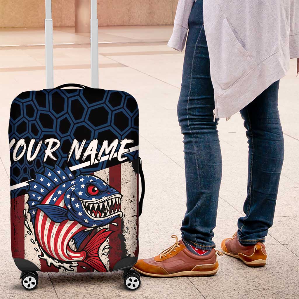 Aggressive Bass Fishing Luggage Cover with American Flag Pattern on Grunge Hex Background - Wonder Print Shop