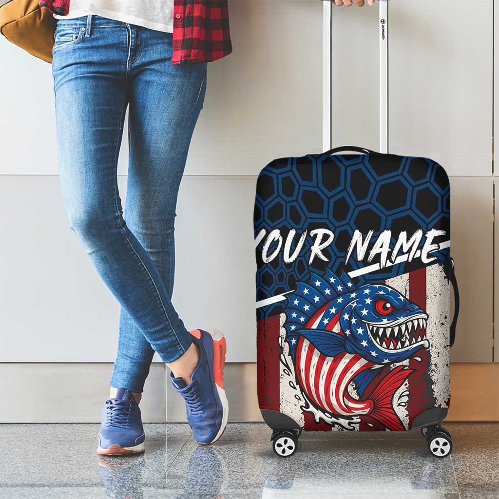 Aggressive Bass Fishing Luggage Cover with American Flag Pattern on Grunge Hex Background - Wonder Print Shop