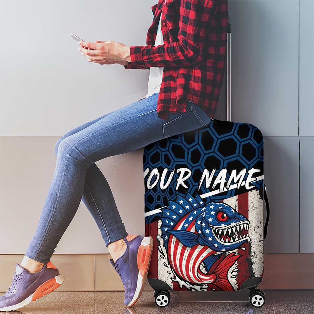 Aggressive Bass Fishing Luggage Cover with American Flag Pattern on Grunge Hex Background - Wonder Print Shop