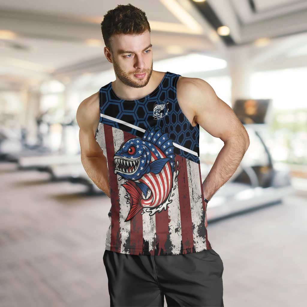 Aggressive Bass Fishing Men Tank Top with American Flag Pattern on Grunge Hex Background - Wonder Print Shop