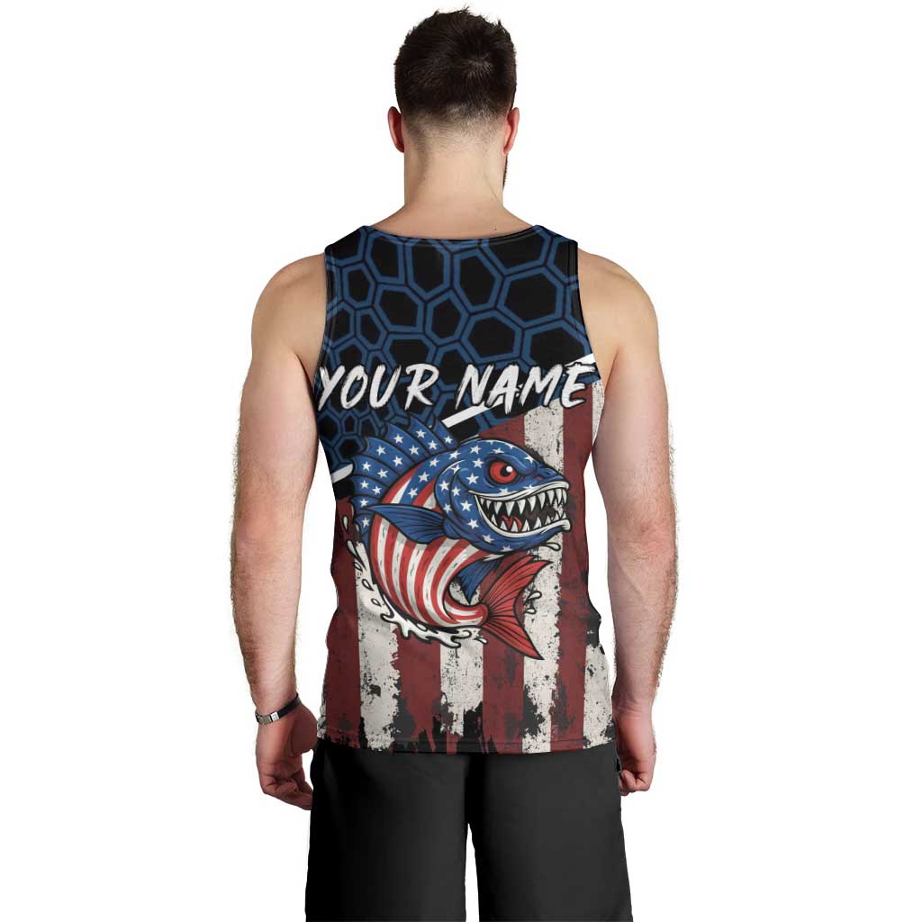 Aggressive Bass Fishing Men Tank Top with American Flag Pattern on Grunge Hex Background - Wonder Print Shop