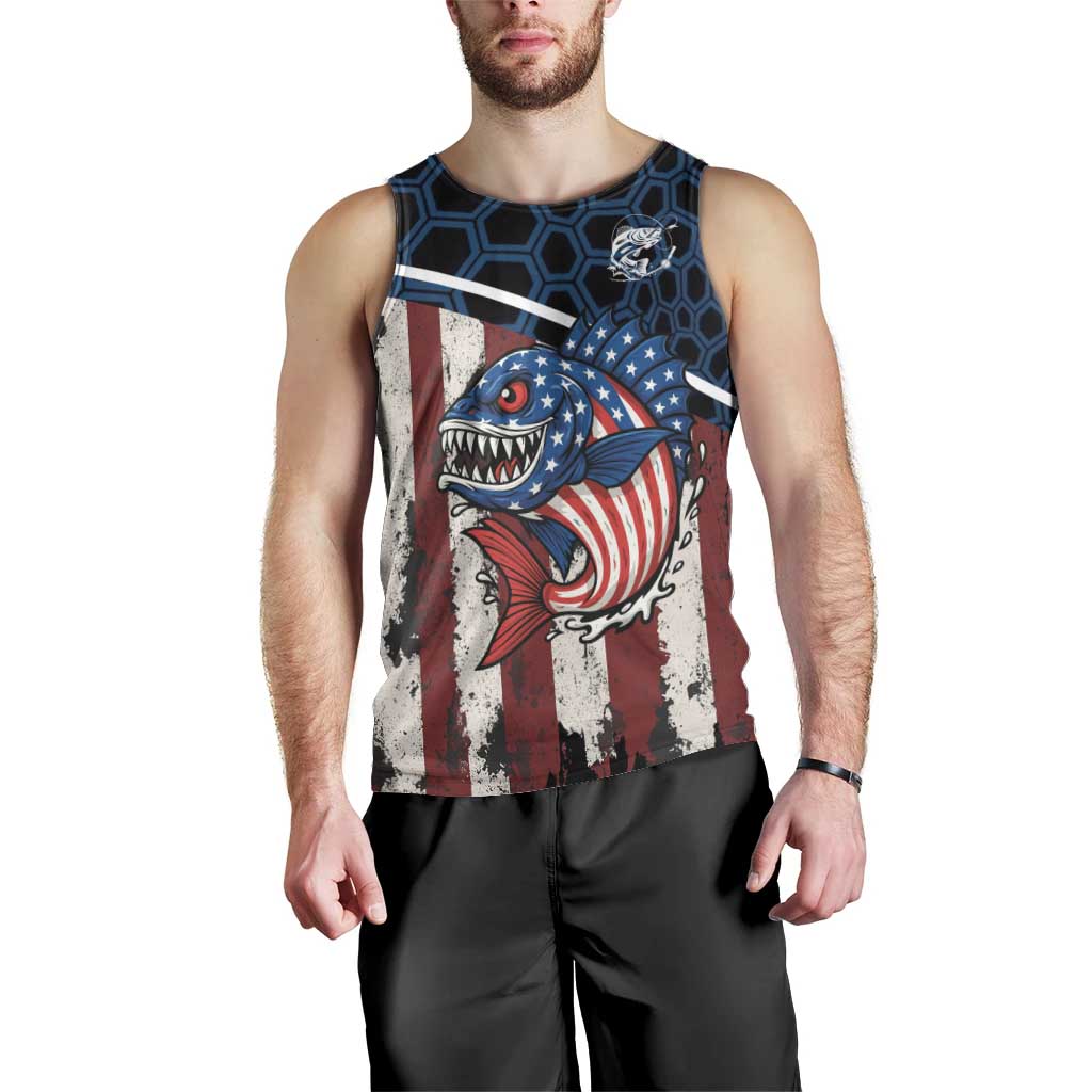 Aggressive Bass Fishing Men Tank Top with American Flag Pattern on Grunge Hex Background - Wonder Print Shop