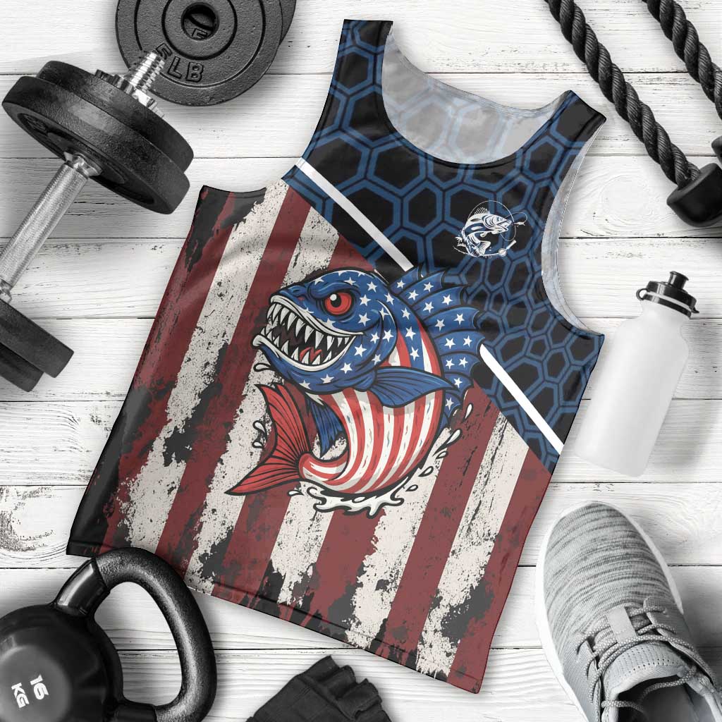 Aggressive Bass Fishing Men Tank Top with American Flag Pattern on Grunge Hex Background - Wonder Print Shop