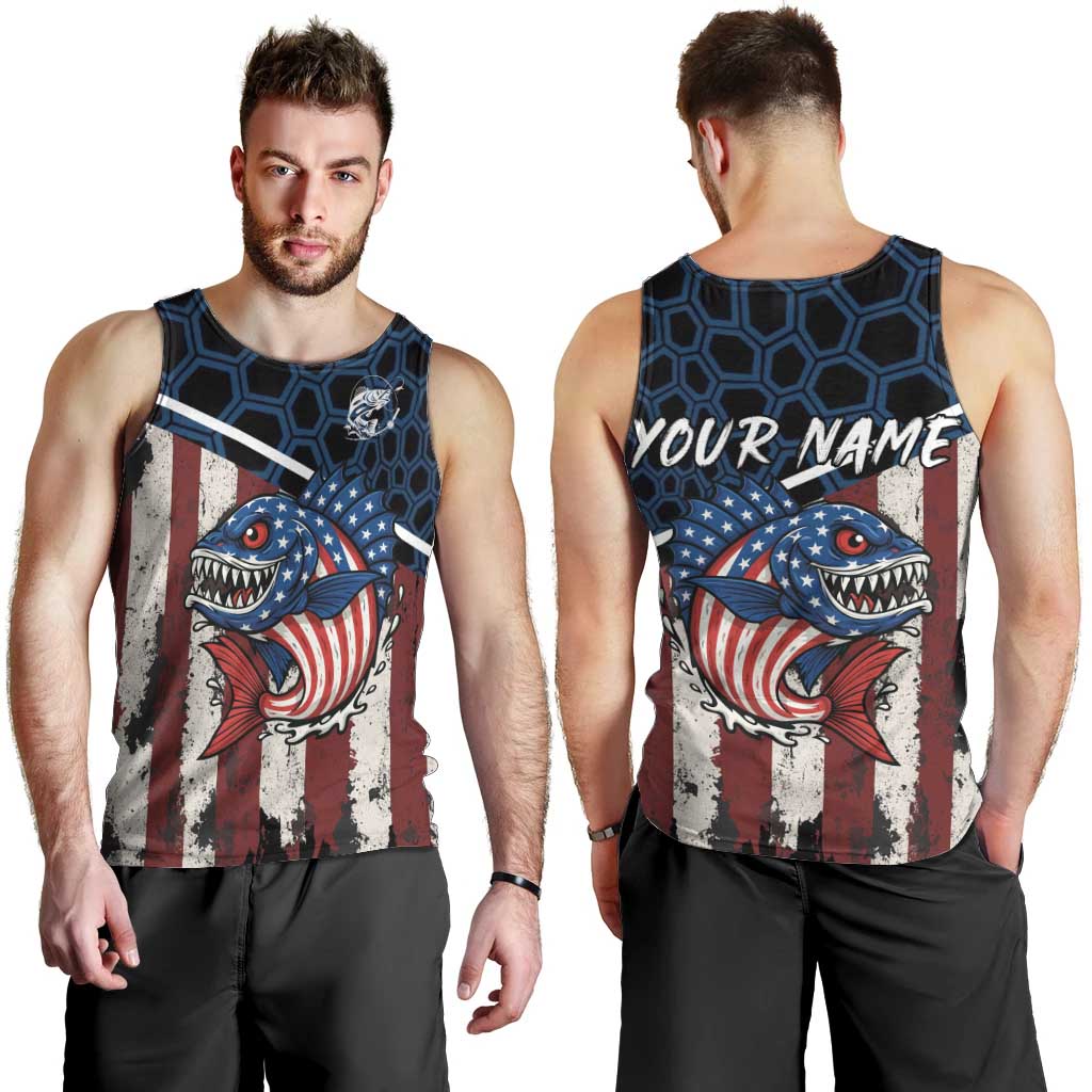 Aggressive Bass Fishing Men Tank Top with American Flag Pattern on Grunge Hex Background - Wonder Print Shop