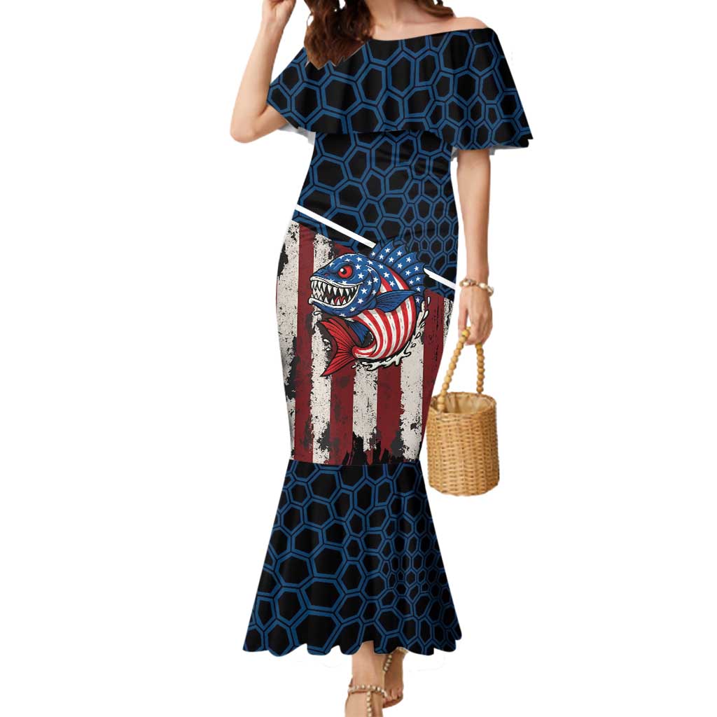 Aggressive Bass Fishing Mermaid Dress with American Flag Pattern on Grunge Hex Background - Wonder Print Shop