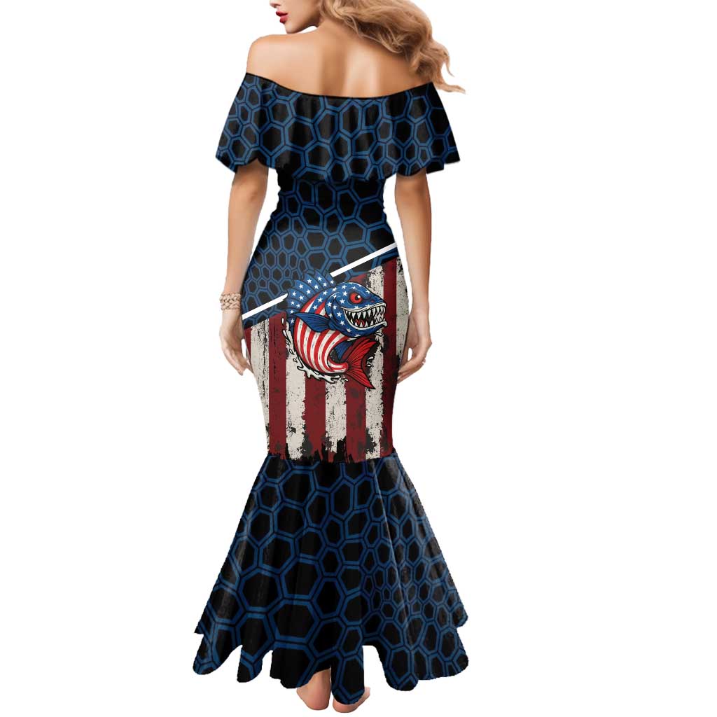 Aggressive Bass Fishing Mermaid Dress with American Flag Pattern on Grunge Hex Background - Wonder Print Shop