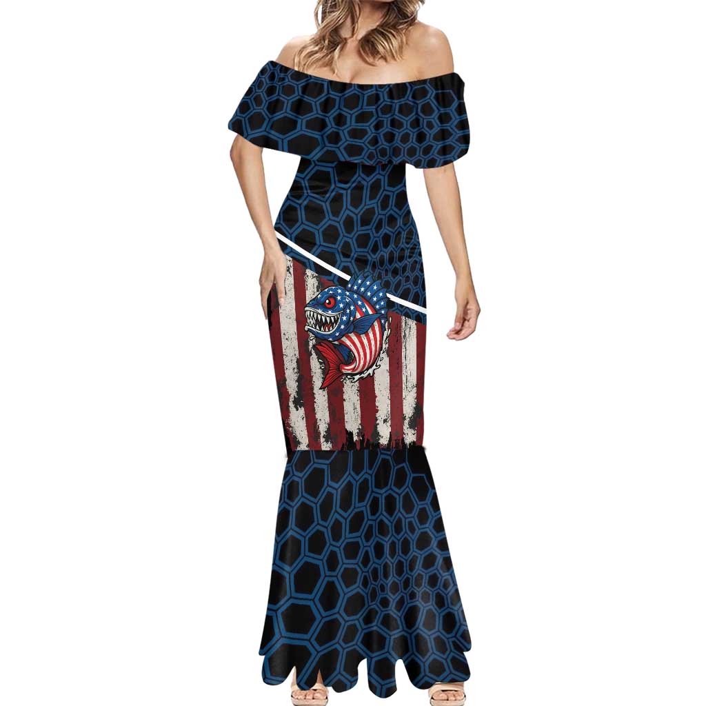 Aggressive Bass Fishing Mermaid Dress with American Flag Pattern on Grunge Hex Background - Wonder Print Shop