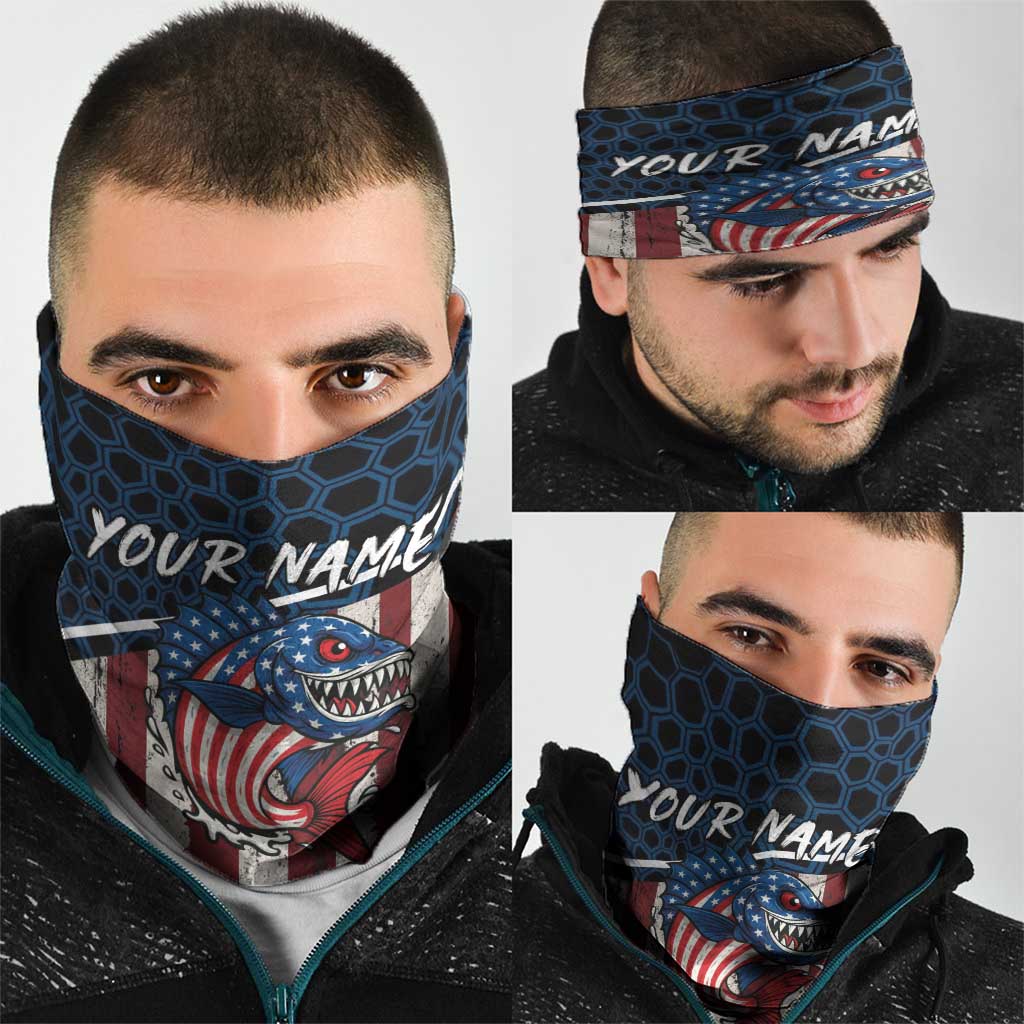 Aggressive Bass Fishing Neck Gaiter with American Flag Pattern on Grunge Hex Background TS04