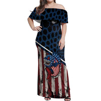 Aggressive Bass Fishing Off Shoulder Maxi Dress with American Flag Pattern on Grunge Hex Background - Wonder Print Shop