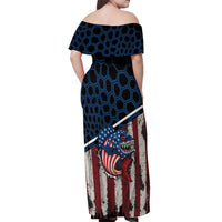 Aggressive Bass Fishing Off Shoulder Maxi Dress with American Flag Pattern on Grunge Hex Background - Wonder Print Shop