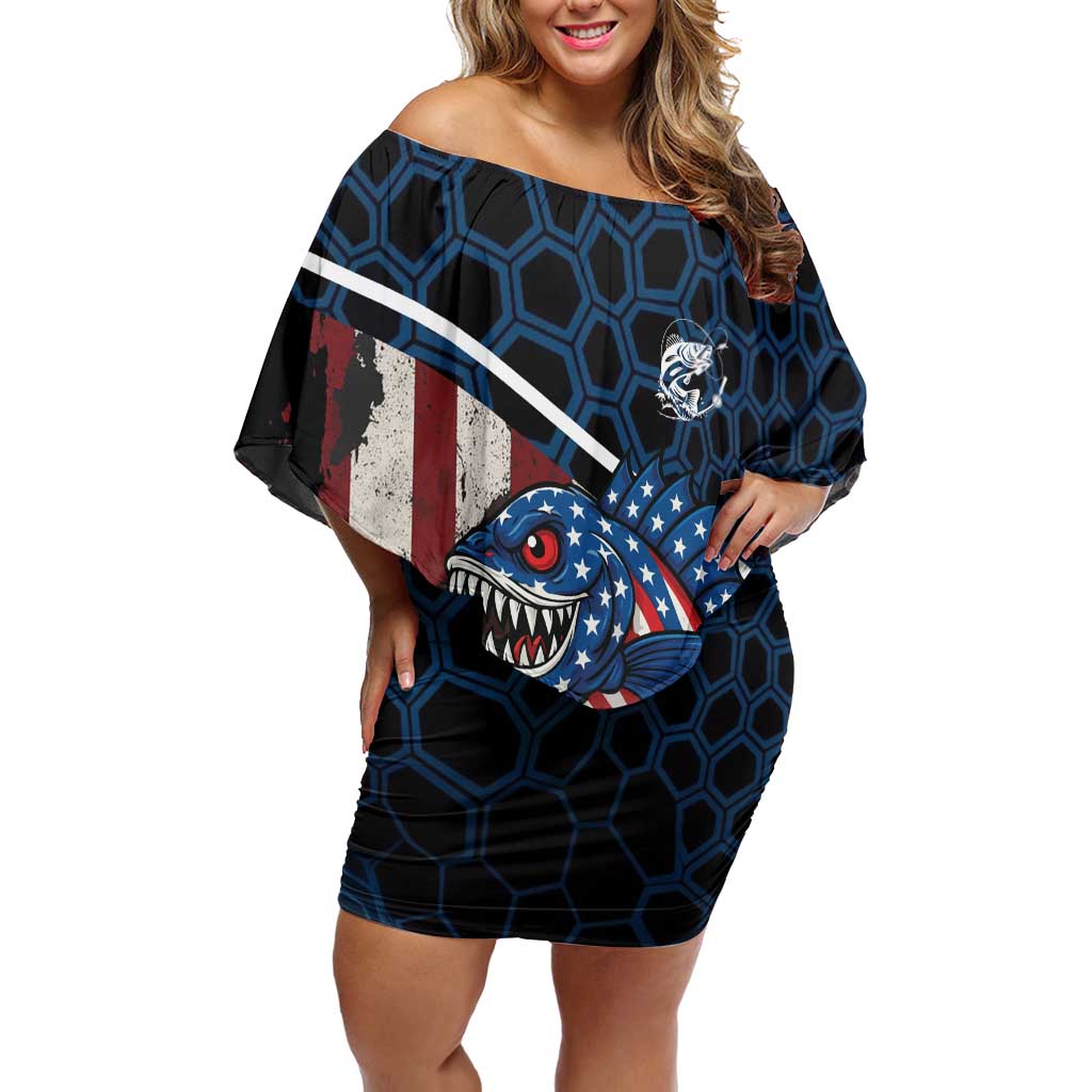 Aggressive Bass Fishing Off Shoulder Short Dress with American Flag Pattern on Grunge Hex Background - Wonder Print Shop