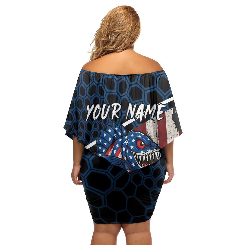 Aggressive Bass Fishing Off Shoulder Short Dress with American Flag Pattern on Grunge Hex Background - Wonder Print Shop
