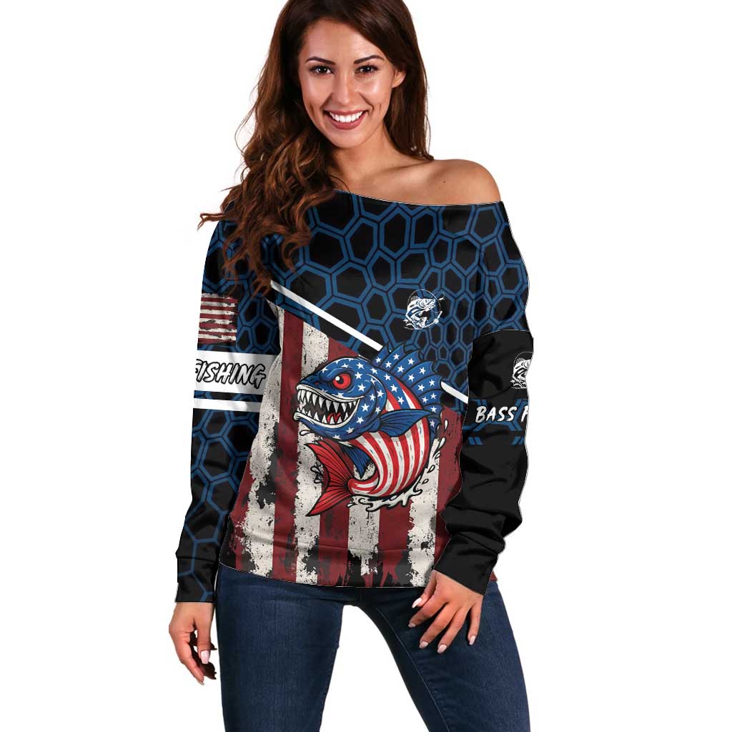 Aggressive Bass Fishing Off Shoulder Sweater with American Flag Pattern on Grunge Hex Background - Wonder Print Shop