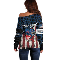 Aggressive Bass Fishing Off Shoulder Sweater with American Flag Pattern on Grunge Hex Background - Wonder Print Shop