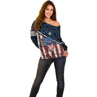 Aggressive Bass Fishing Off Shoulder Sweater with American Flag Pattern on Grunge Hex Background - Wonder Print Shop