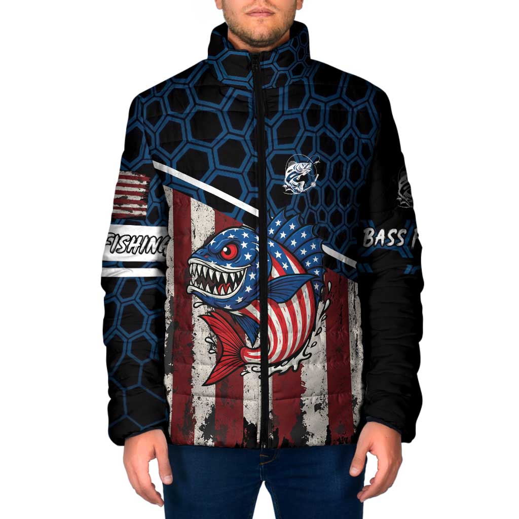 Aggressive Bass Fishing Padded Jacket with American Flag Pattern on Grunge Hex Background - Wonder Print Shop
