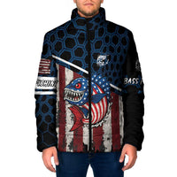Aggressive Bass Fishing Padded Jacket with American Flag Pattern on Grunge Hex Background - Wonder Print Shop