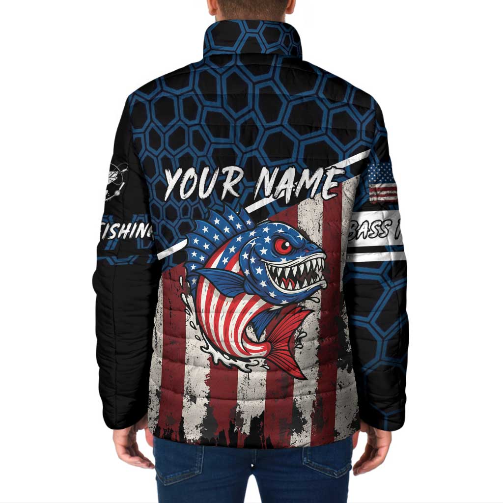 Aggressive Bass Fishing Padded Jacket with American Flag Pattern on Grunge Hex Background - Wonder Print Shop