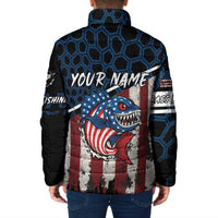 Aggressive Bass Fishing Padded Jacket with American Flag Pattern on Grunge Hex Background - Wonder Print Shop