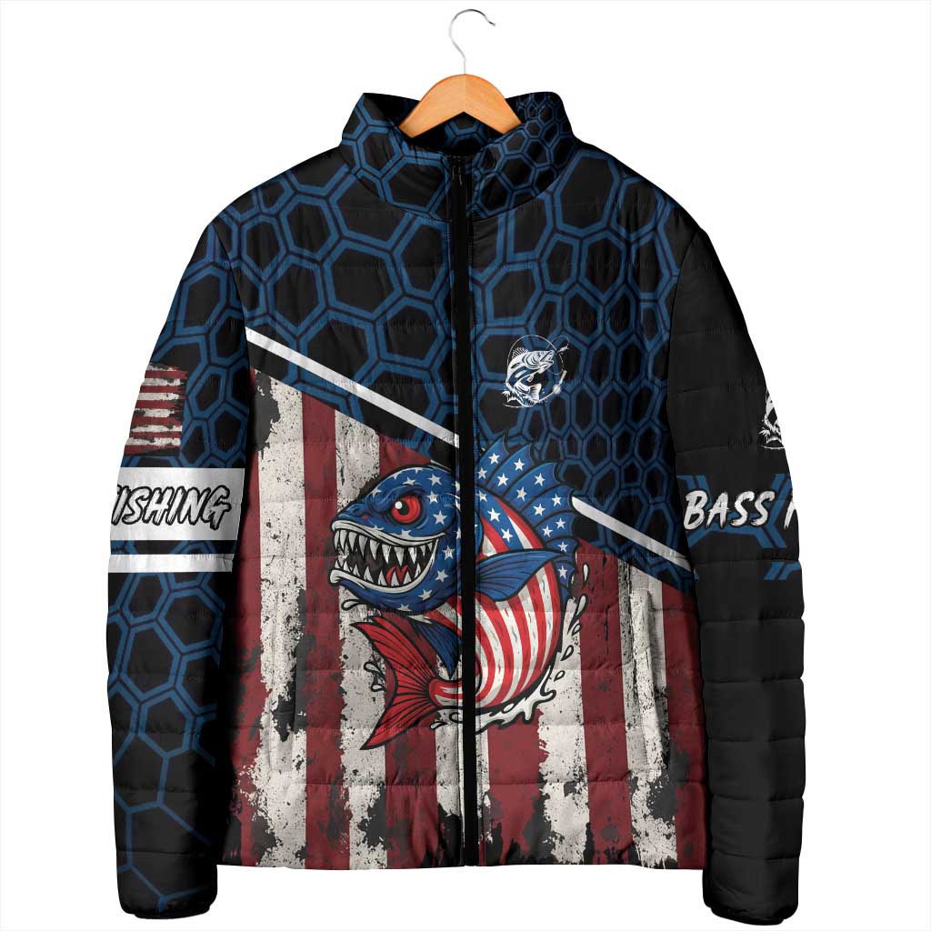 Aggressive Bass Fishing Padded Jacket with American Flag Pattern on Grunge Hex Background - Wonder Print Shop