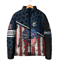 Aggressive Bass Fishing Padded Jacket with American Flag Pattern on Grunge Hex Background - Wonder Print Shop
