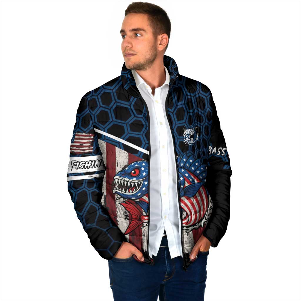 Aggressive Bass Fishing Padded Jacket with American Flag Pattern on Grunge Hex Background - Wonder Print Shop