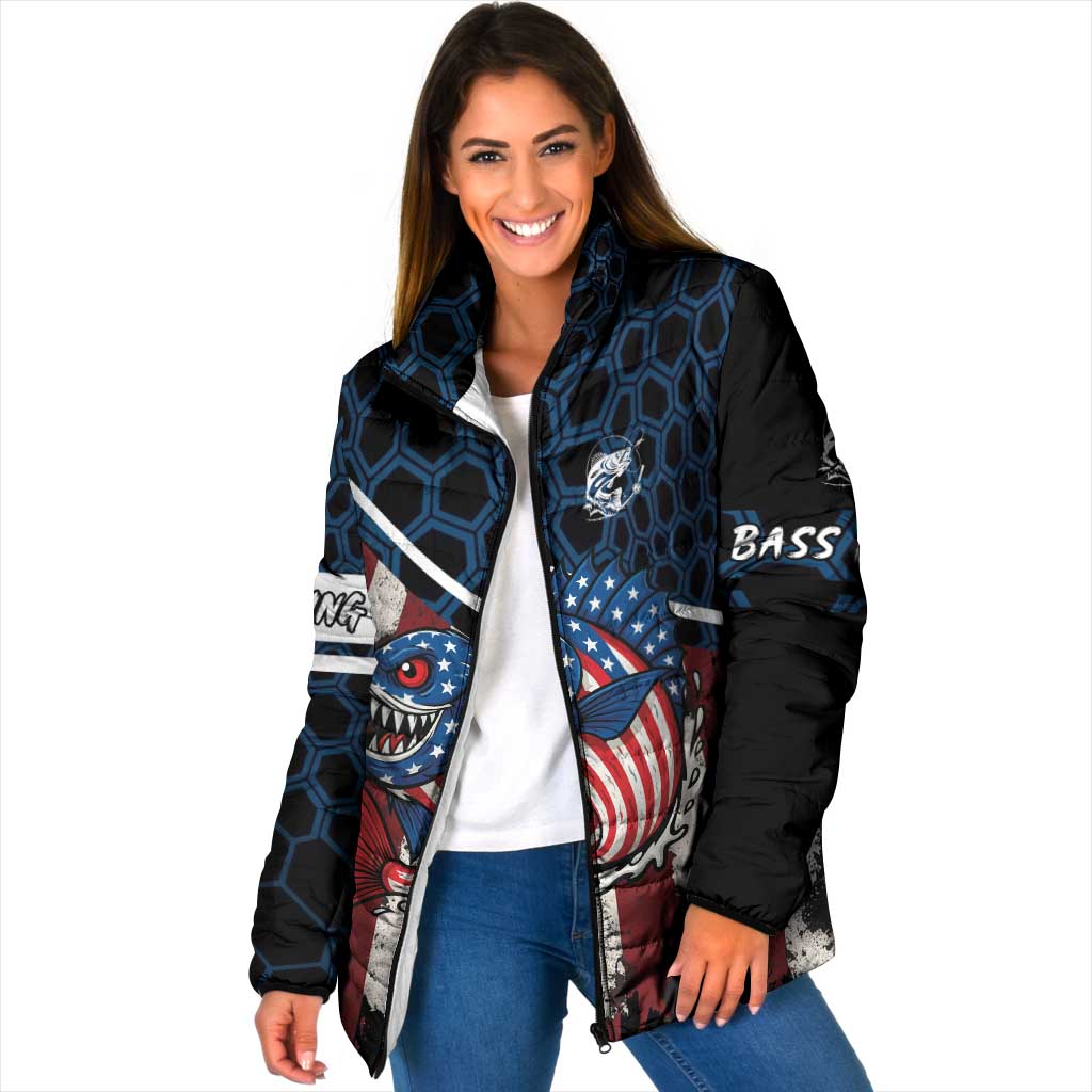 Aggressive Bass Fishing Padded Jacket with American Flag Pattern on Grunge Hex Background - Wonder Print Shop