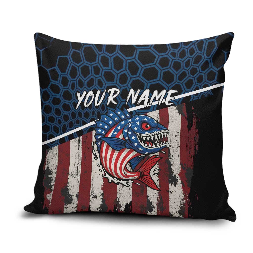Aggressive Bass Fishing Pillow Cover with American Flag Pattern on Grunge Hex Background - Wonder Print Shop