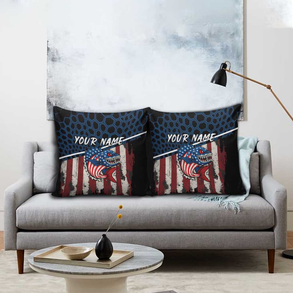 Aggressive Bass Fishing Pillow Cover with American Flag Pattern on Grunge Hex Background - Wonder Print Shop