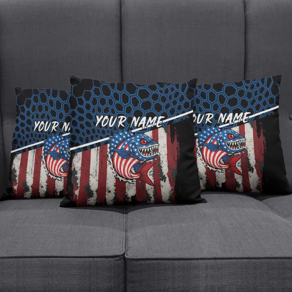Aggressive Bass Fishing Pillow Cover with American Flag Pattern on Grunge Hex Background - Wonder Print Shop