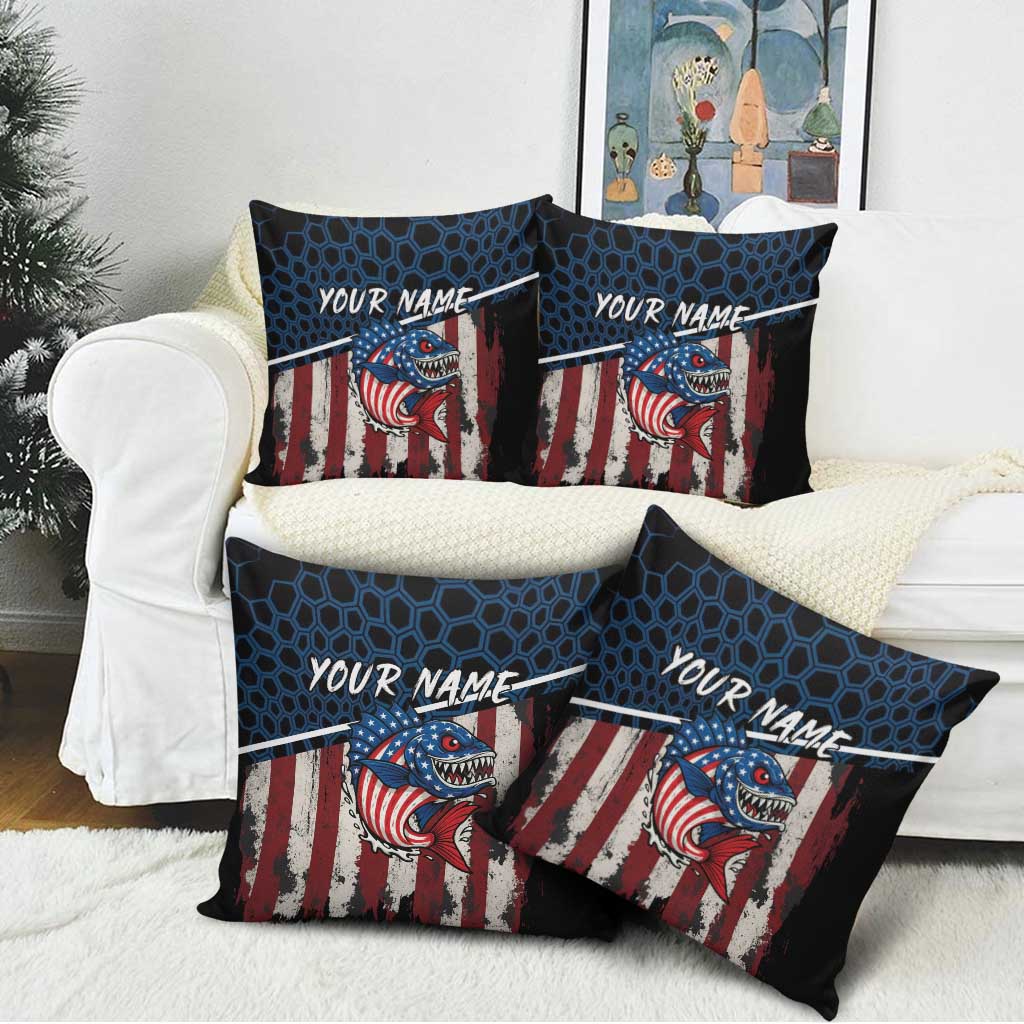 Aggressive Bass Fishing Pillow Cover with American Flag Pattern on Grunge Hex Background - Wonder Print Shop