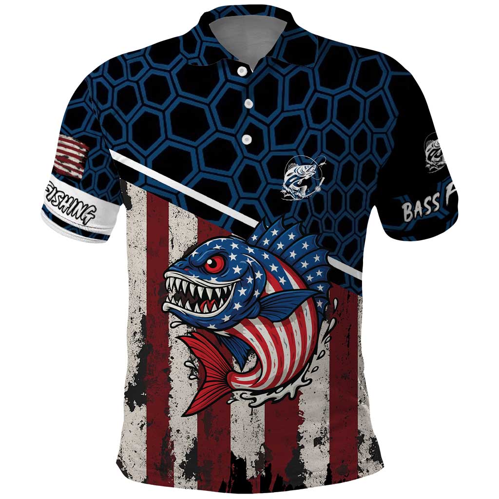 Aggressive Bass Fishing Polo Shirt with American Flag Pattern on Grunge Hex Background - Wonder Print Shop
